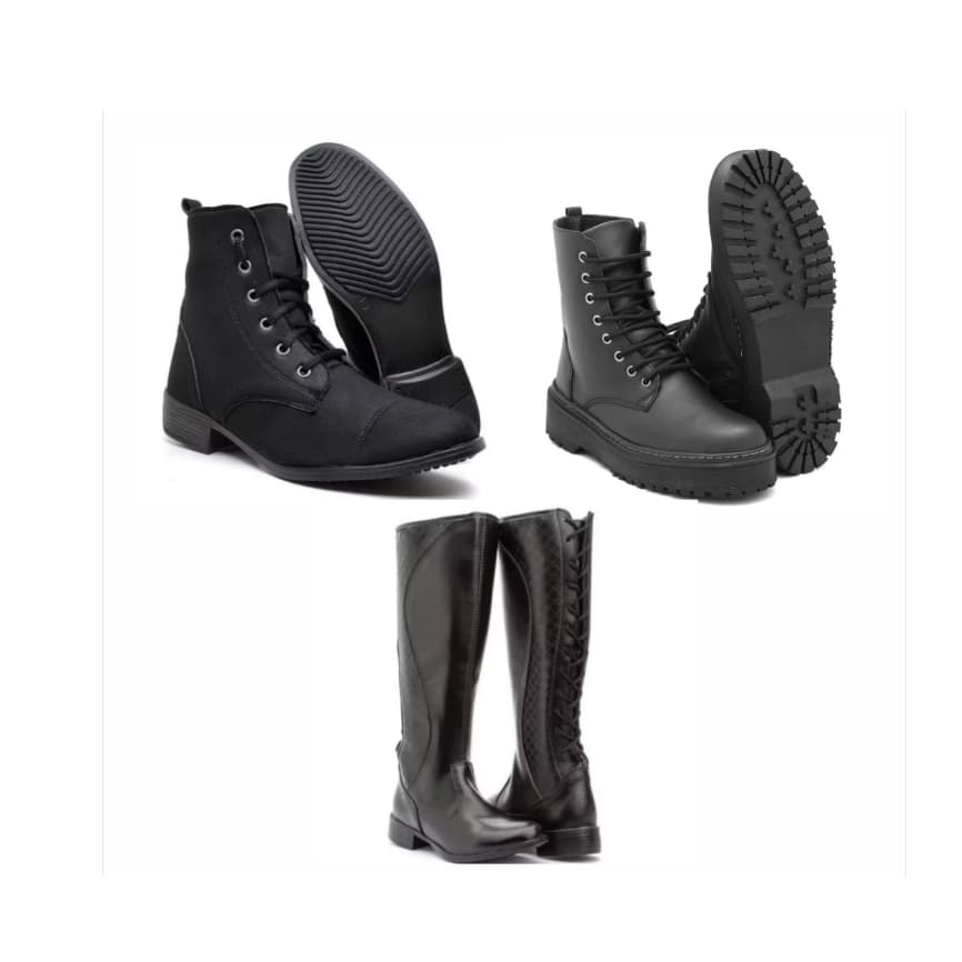 Bota feminina cano alto preta+ bota coturno feminina preta+ bota feminina cano médio sola reta preta