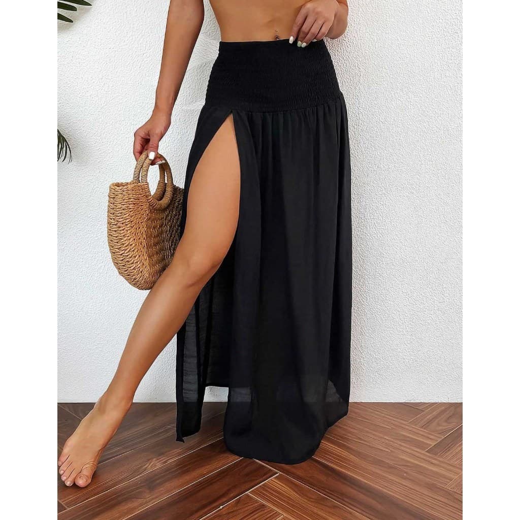 Saída De Praia Feminina Saia Longa Fenda Lateral Lisa  Moda Praia Verão