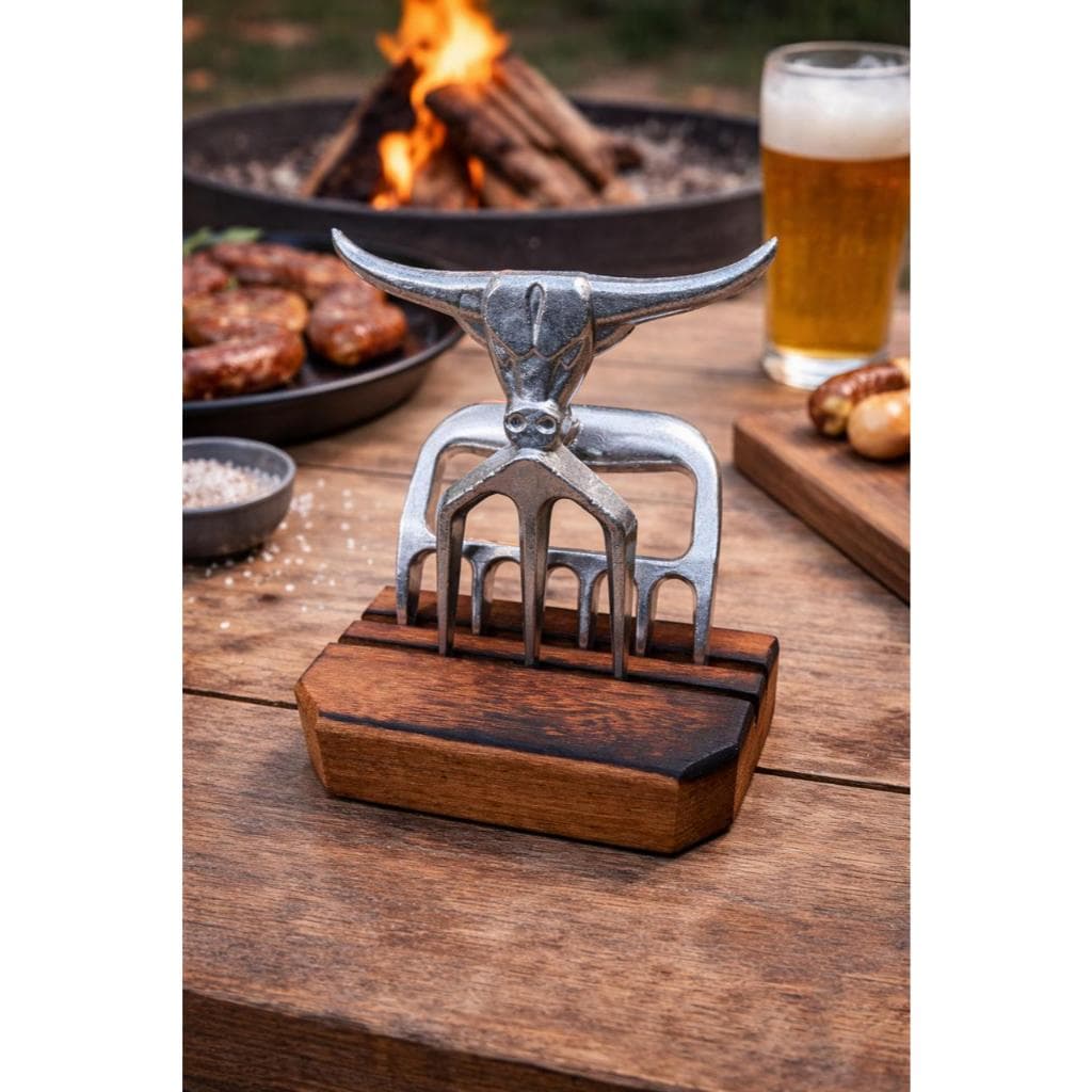 Kit Garra De Urso Garfo Tridente em Alumínio Maciço com Base Madeira Churrasco Gourmet
