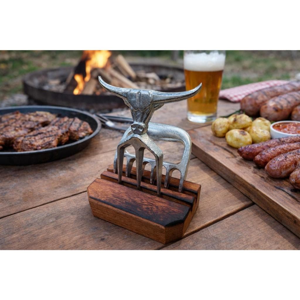 Kit Garra De Urso + Tridente Alumínio Base Madeira Churrasco