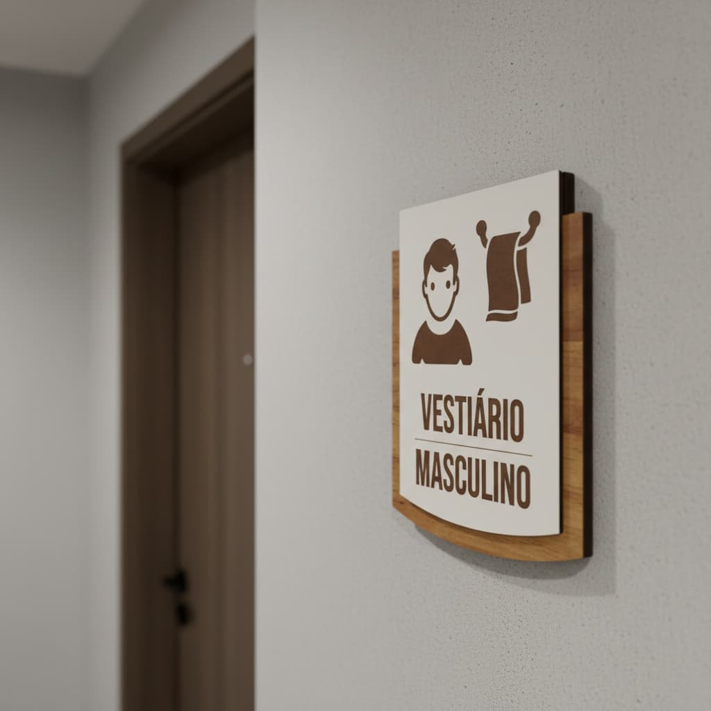 Placa de Sinalização Vestiário Masculino MDF Alto Relevo 15x13cm Para Porta