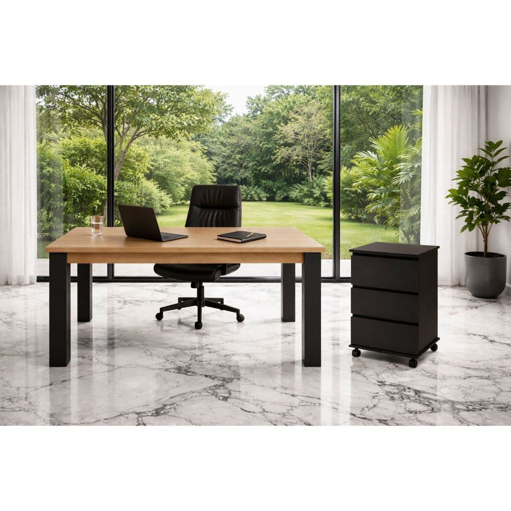 Mesa para Escritório 120x90 Mel ou Preta com Gaveteiro Multiuso