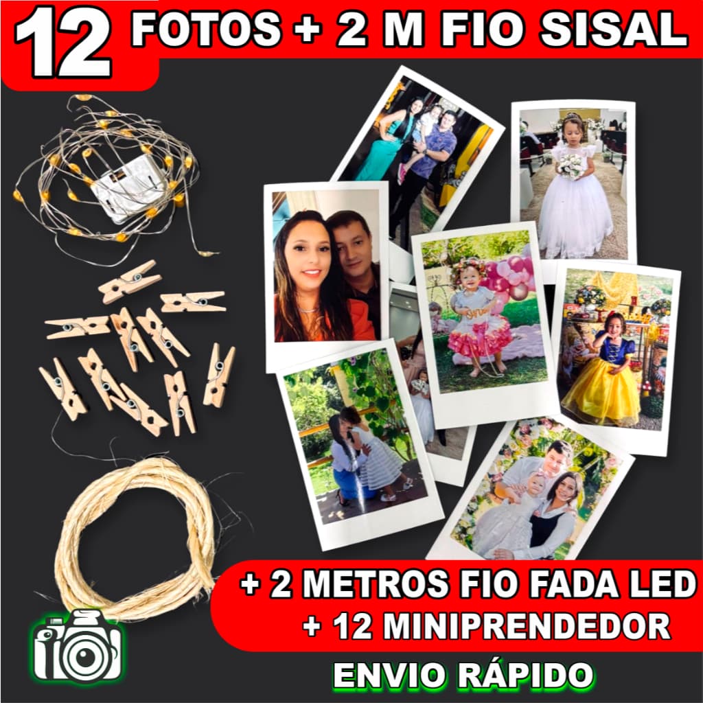 Kit 12 Fotos Mini + 2m de Fio de Fada Led +12 Mini Prendedores  + 2m fio Sisal - Envio Rápido