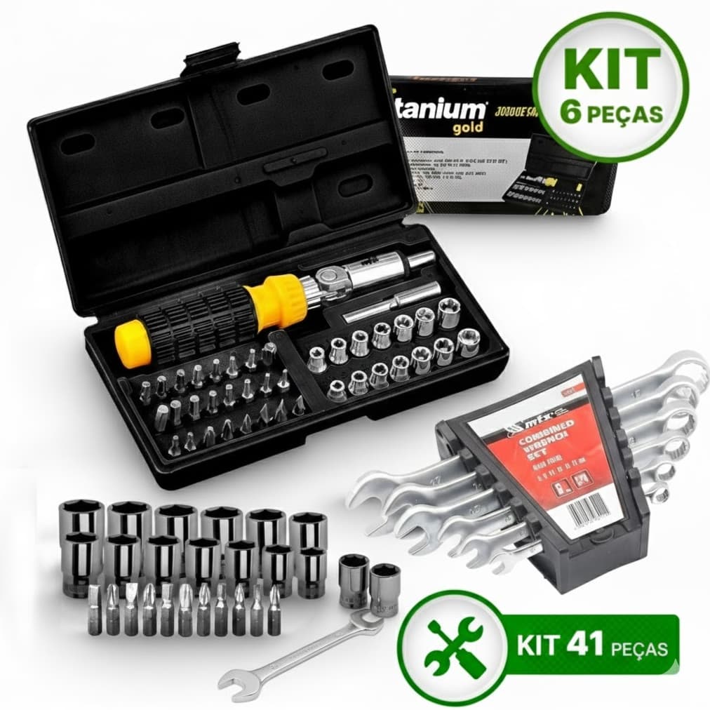 Jogo Soquetes Catraca 41 peças 1/4 Kit Maleta Chave Boca Combinada 6 Peças