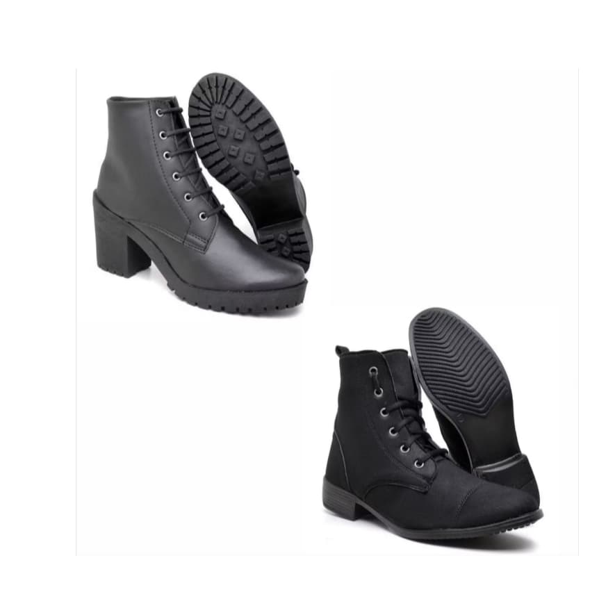 Bota coturno feminina cano curto com salto grosso preta+ Bota coturno preta feminina cano curto