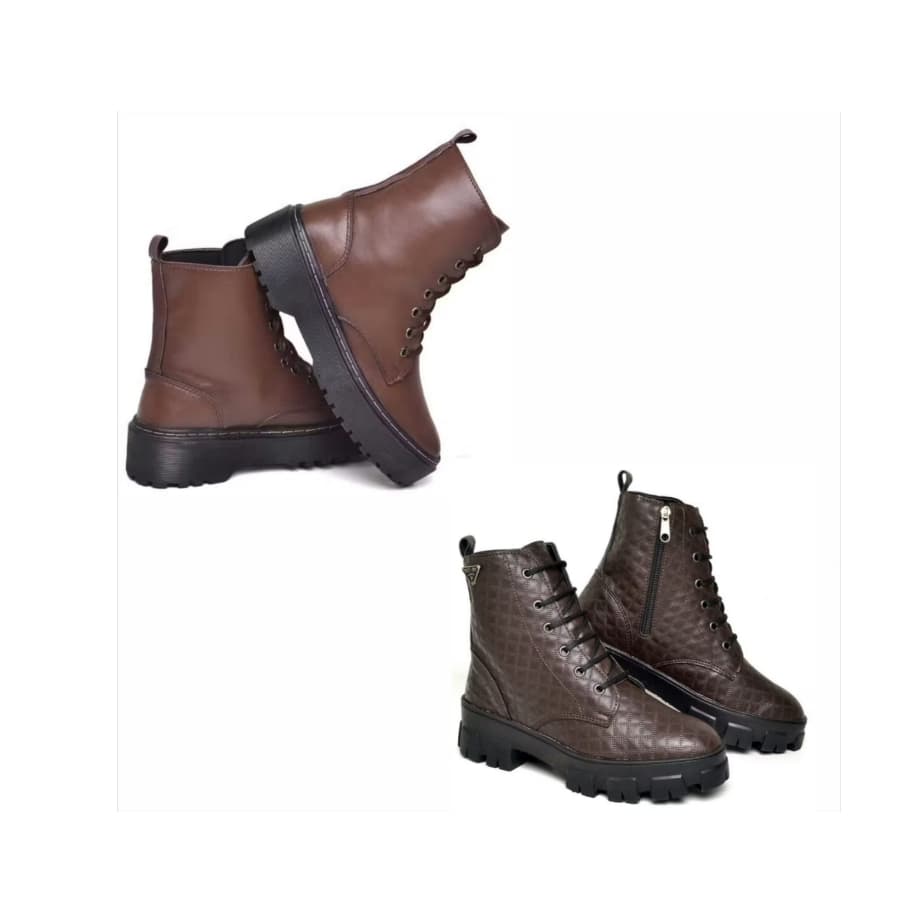 Bota coturno feminina marrom sola reta+ Bota coturno feminina tratorada marrom