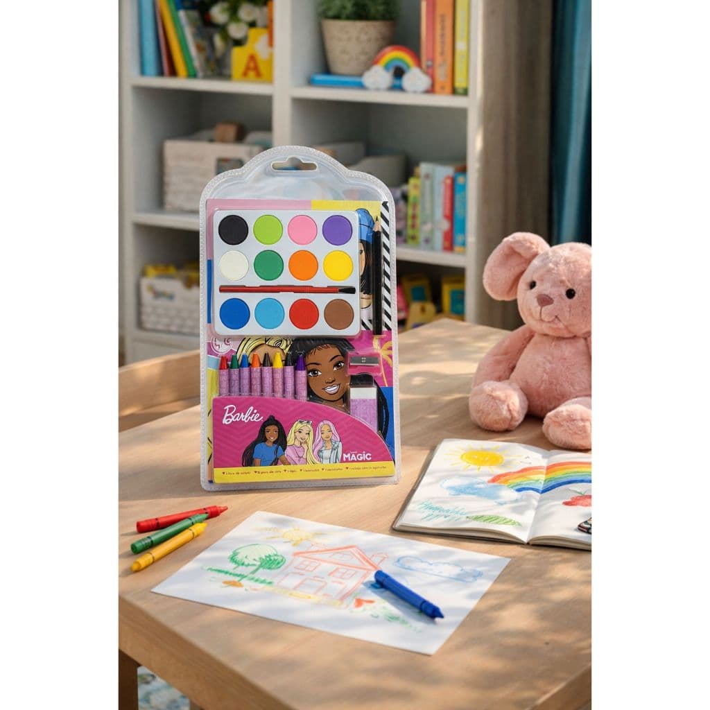 Kit Pintura Infantil menina Barbie - Giz de Cera, Lápis preto, Borracha, Apontador, Aquarela com 12 Cores com Pincel