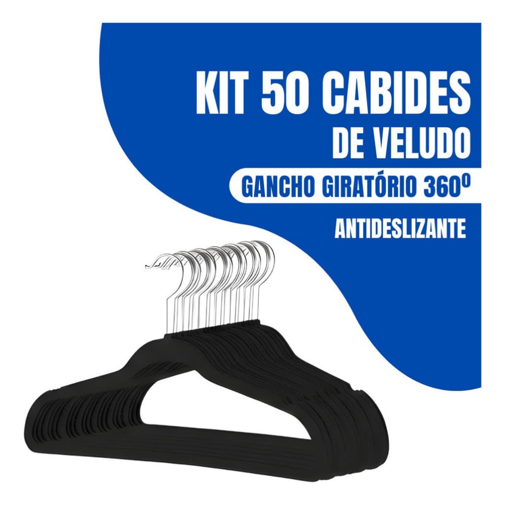 Kit 50 Cabides Adulto De Veludo Antideslizante Slim Com Gancho Giratório 360°