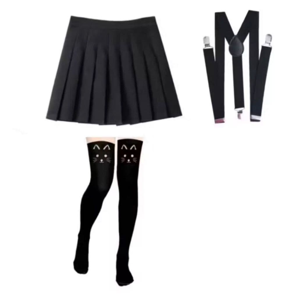 Kit Saia + Meia + Suspensório Saia Pregueada preta em Poliéster Perfeita Para Cosplays Modelo Jovem