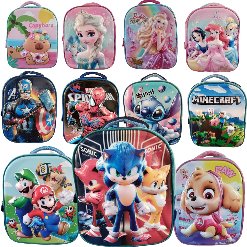 Mochila Infantil Costas Estampa Personagens Alto Relevo 3d Escola Masculina Feminina Reforçada Impermeável Menino Menina