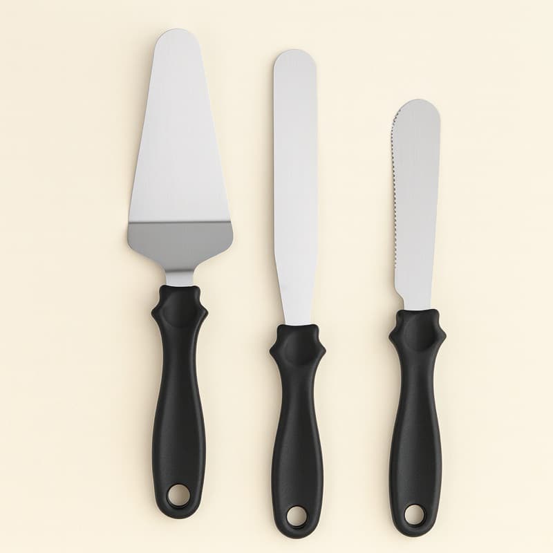 Espátula de Cozinha Confeiteiro Inox Cabo Plástico Kit 3 Peças Resistente