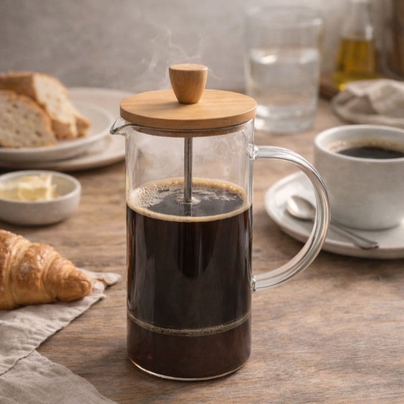 Cafeteira Prensa Francesa| Vidro e Tampa Bambu 600ml| Café Cremoso | Chocolate Quente