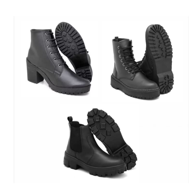 Bota feminina de borracha preta+ Bota feminina cano médio sola reta+ bota feminina com salto grosso preto