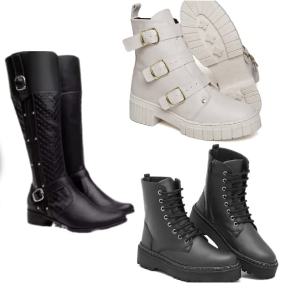 Bota preta com correia+Bota Coturno Preta Feminina+bota de conturno branco 3 fivelas