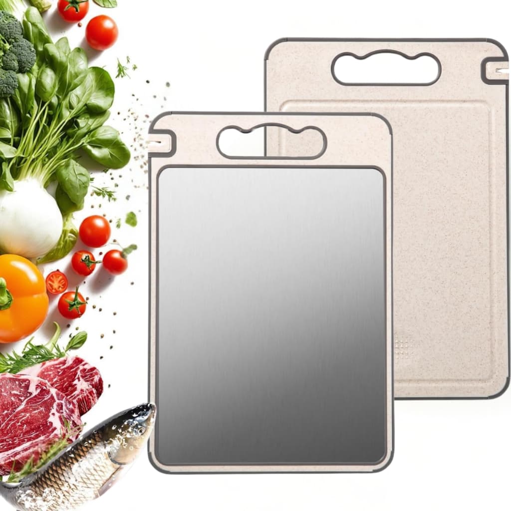Tábua de Corte Dupla Face Inox para Carnes e Legumes com Afiador e Borda Antevazamento