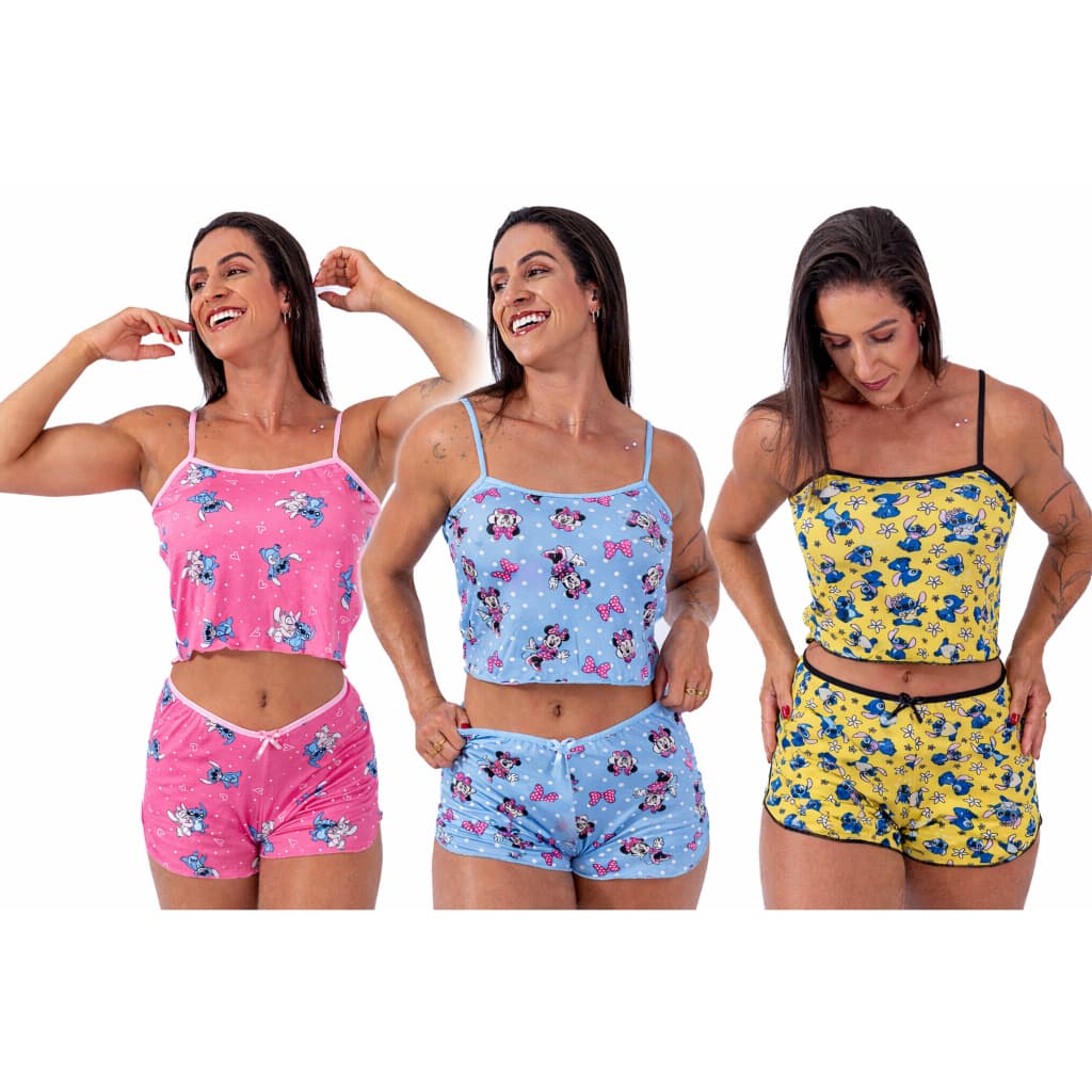 KIT 5, 3 OU 2 Shortdoll Pijama Feminino Cropped em Sued Estampado Blusa Curtinha + Short Confortável