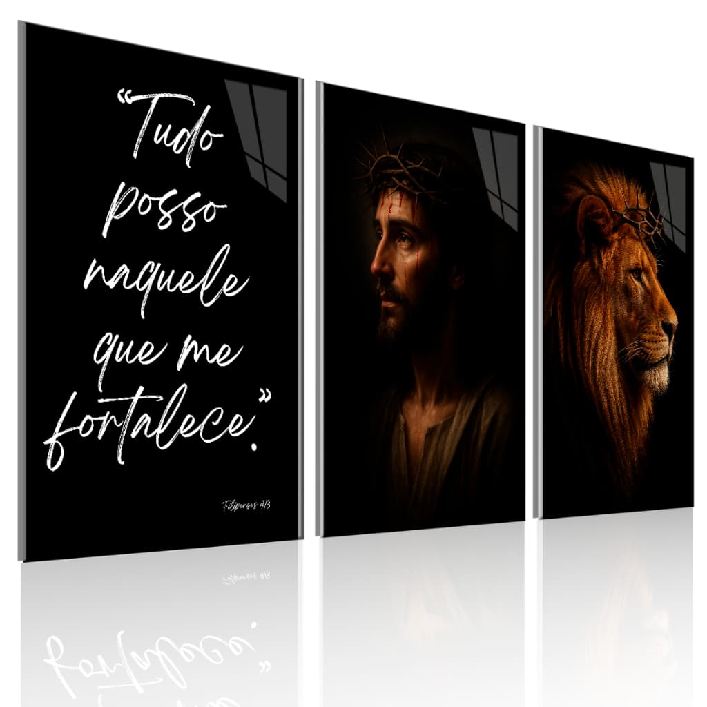 Kit 3 Quadros Decorativos Tudo Posso Jesus e Leão de Judá Fé Cristã