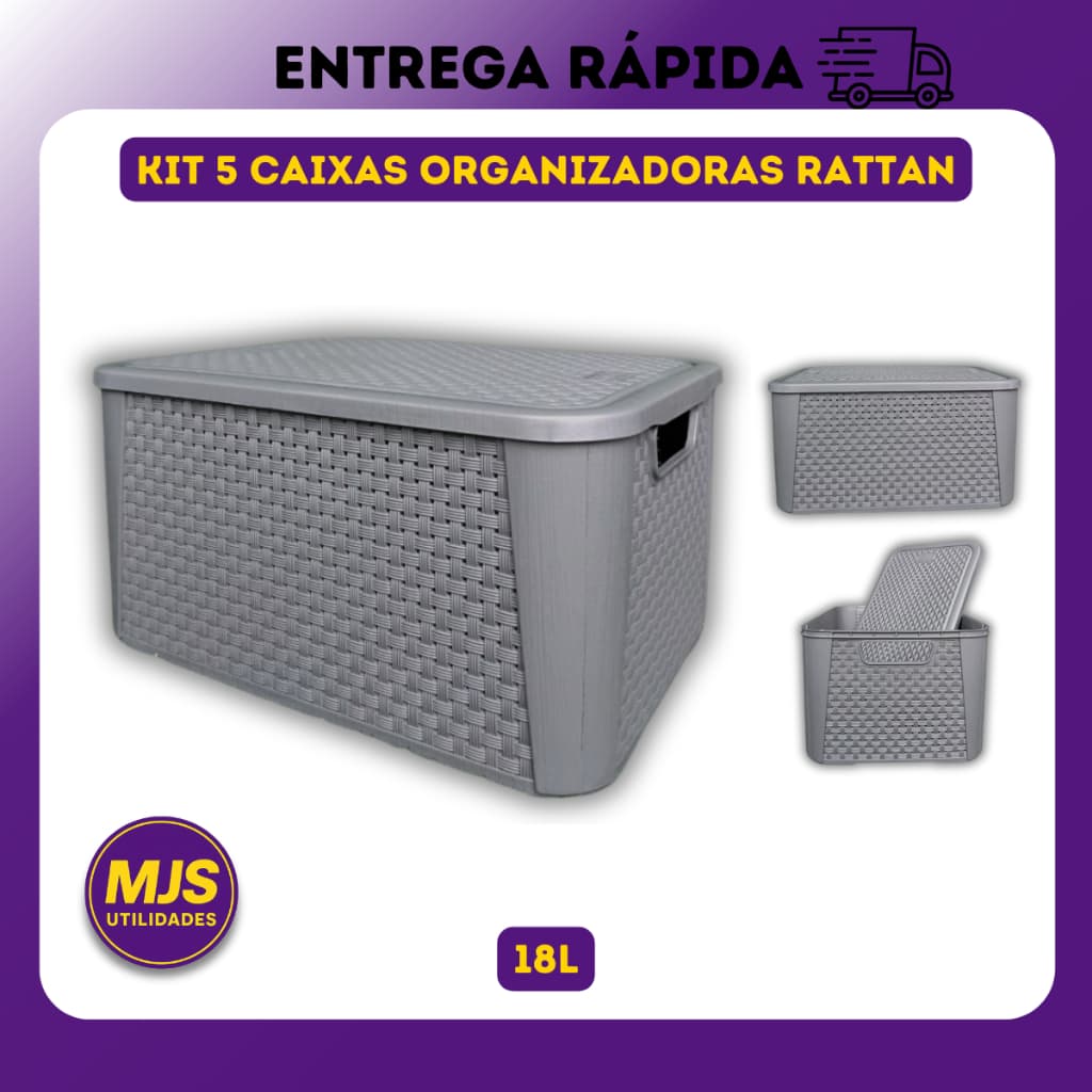 Kit 5 x Caixas Organizadora Rattan 18 Litros Cesto Organizador Multiuso Plastico Reforçado Com Tampa