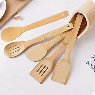 Kit 5 Utensílios  Cozinha Pegador Copo Bambu Conjunto Concha Espátula Escumadeira Não Risca Colher
