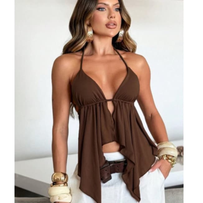 Top Malibu Cortininha Blusinha Feminina Babado Com Bojo Coho Chic