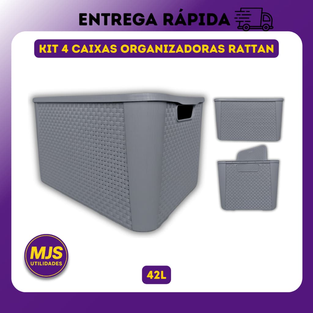 Kit 4 X Caixa Decorativa Organizadora Rattan 42 Litros Cesto Organizador Multiuso Empilhavel Grande
