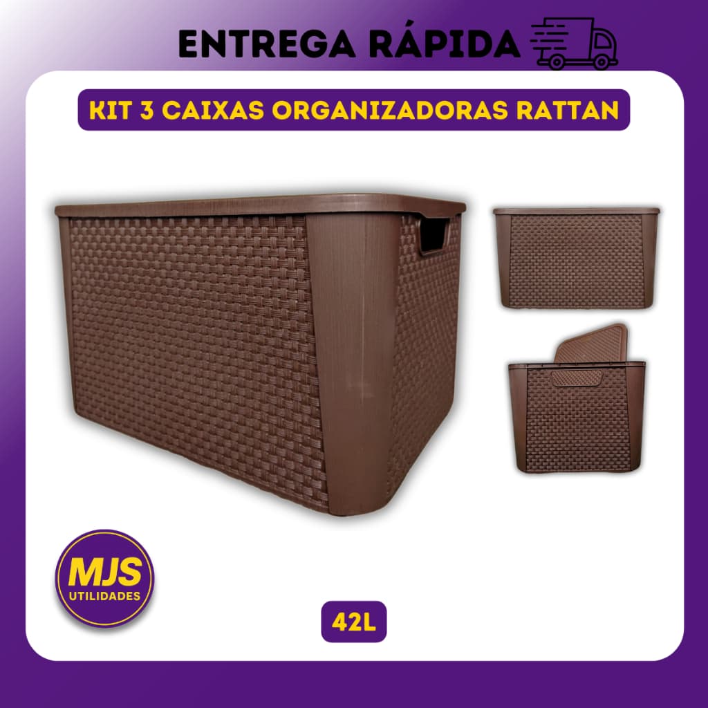Kit 3 X Caixa Decorativa Organizadora Rattan 42 Litros Cesto Organizador Multiuso Empilhavel Grande