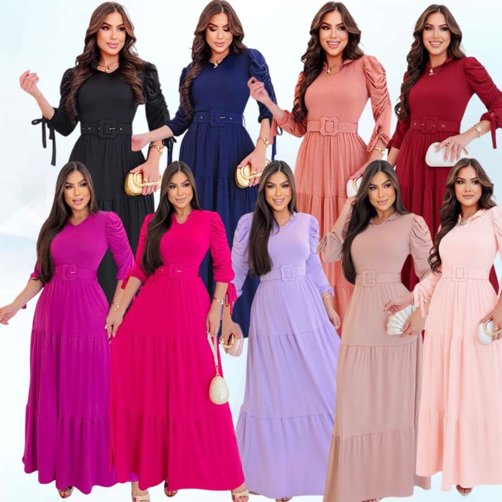 VESTIDO LONGO EM MALHA SUEDE COM CINTO MODA EVANGELICA MODA CRISTÃ CONGRESSO CULTO PLUS SIZE