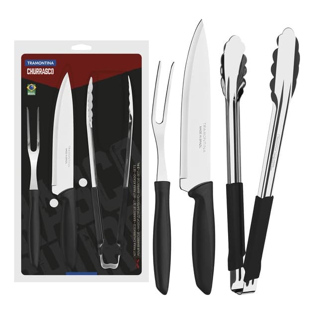 Kit Para Churrasco Tramontina Plenus 3 Peças Inox Cabo Preto