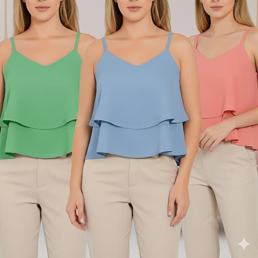 Kit 3 Blusa Regata Feminina Alça Regulável 2 Babados Gola V Tecido Crepe Duna Blusinha feminina Alcinha Gola V