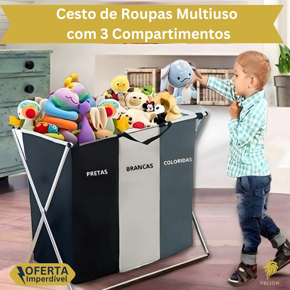 Cesto de Roupas Multiuso 3 Compartimentos Saco Guarda Brinquedo Calça Camisa Blusa Objetos Portátil