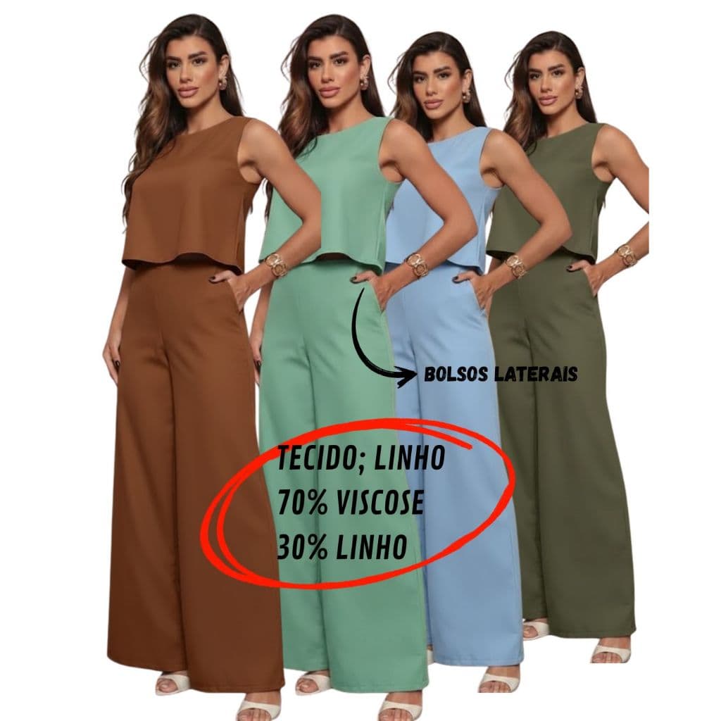 Conjunto Alfaiataria Social Feminino Calça e Blusa Em Linho