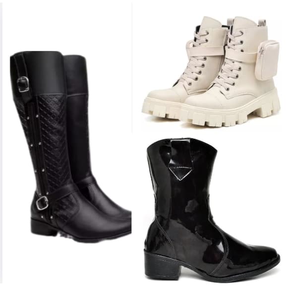 Bota de cano alto preto com correia+bota com bag branca com solado tratorado+bota de cano médio em material síntetico