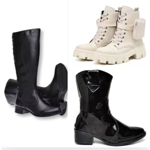 Bota de cano alto preto+bota com bag branca com solado tratorado+bota de cano médio em material síntetico