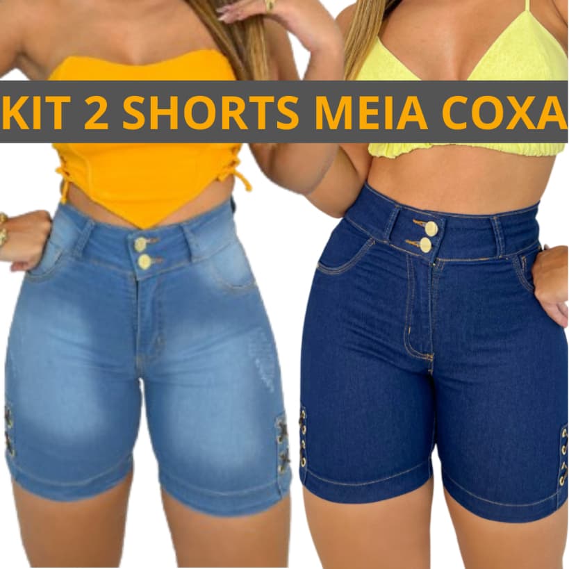 Kit 2 SHORT JEANS CINTURA ALTA COM LYCRA BERMUDA JEANS FEMININA MEIA COXA