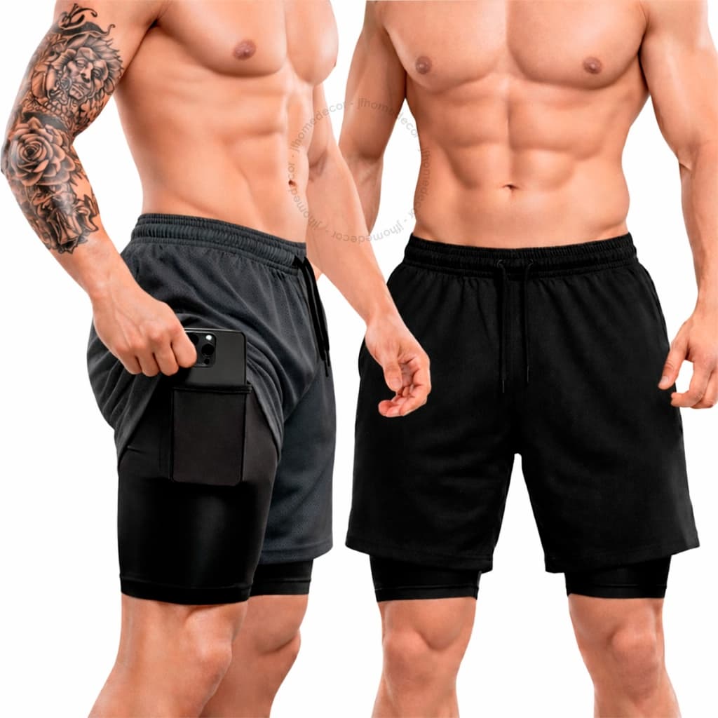 Kit 2 Shorts 2 em 1 DryFit Bolso Interno Bermuda Compressão Treino Academia Esporte Masculino