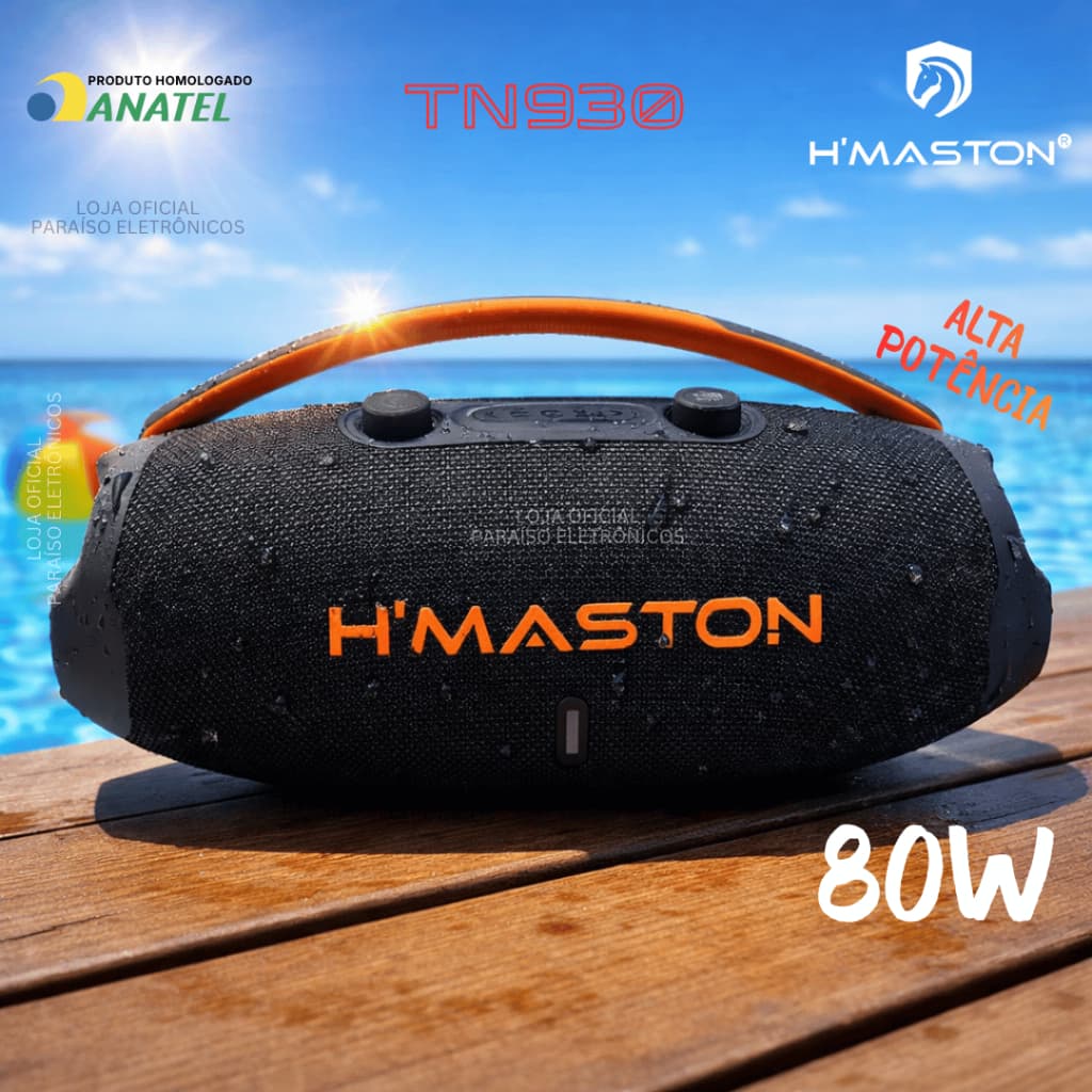 Caixa de Som 80W ALTA POTÊNCIA Premium Bluetooth SUPER BASS BOLT Prova d'Água TWS H'Maston