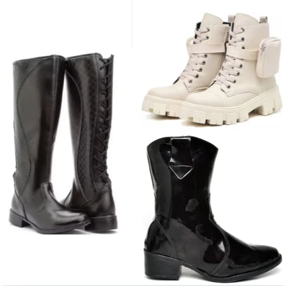 Bota de cano alto preto+bota com bag branca com solado tratorado+bota de cano médio em material síntetico