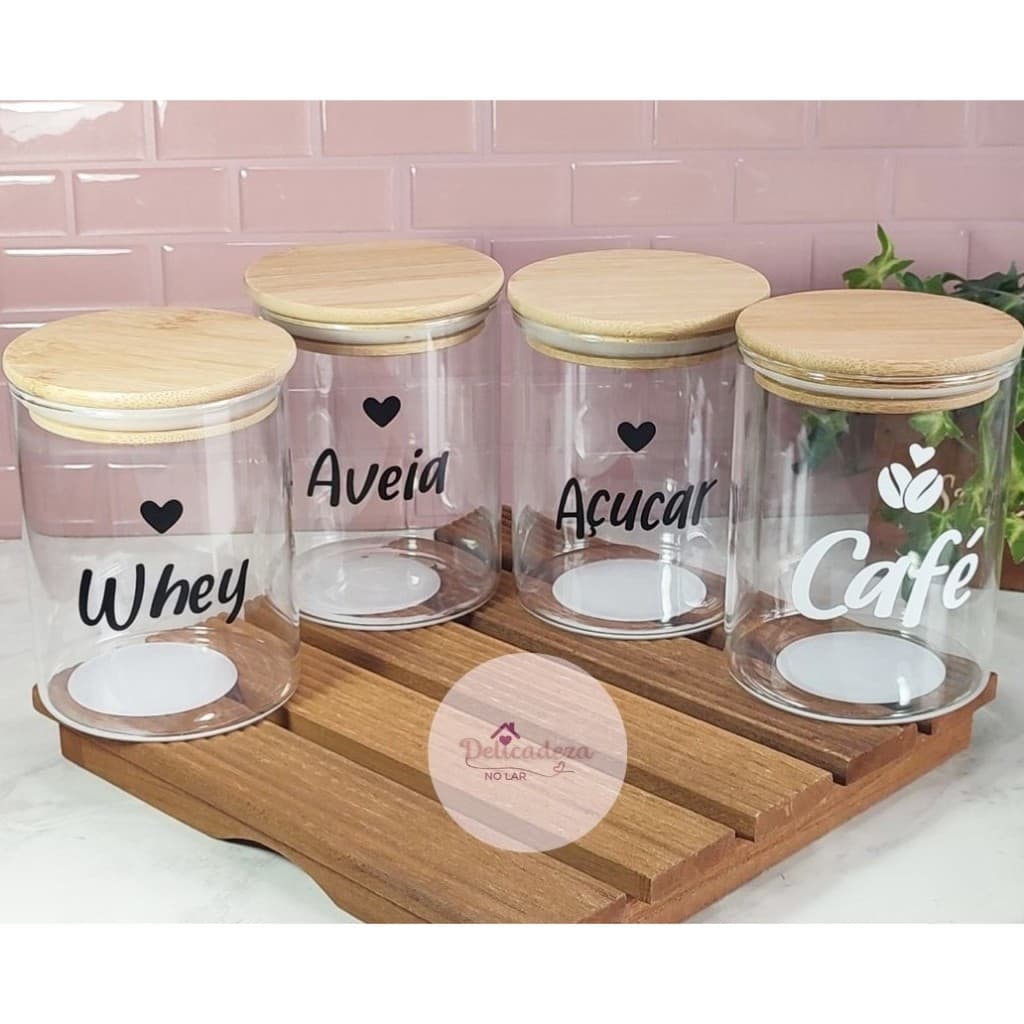 Pote Hermético Personalizado -  tampa de bambu - 430ML cada - LEIA DESCRIÇÃO