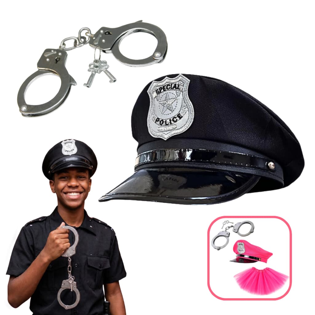 Fantasia Policial Carnaval Saia Tule Kit Policia com Algemas Quepe Saia Festa Cosplay Preto e Rosa
