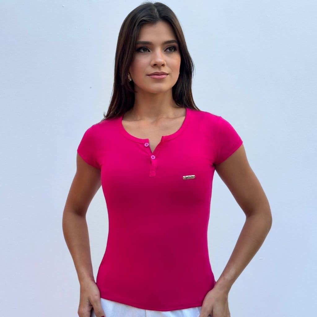 BABY LOOK Tecido Viscolaycra Feminina com Decote em Botões Frontal Manga Curta Elegante Blusas Manguinha Promoção