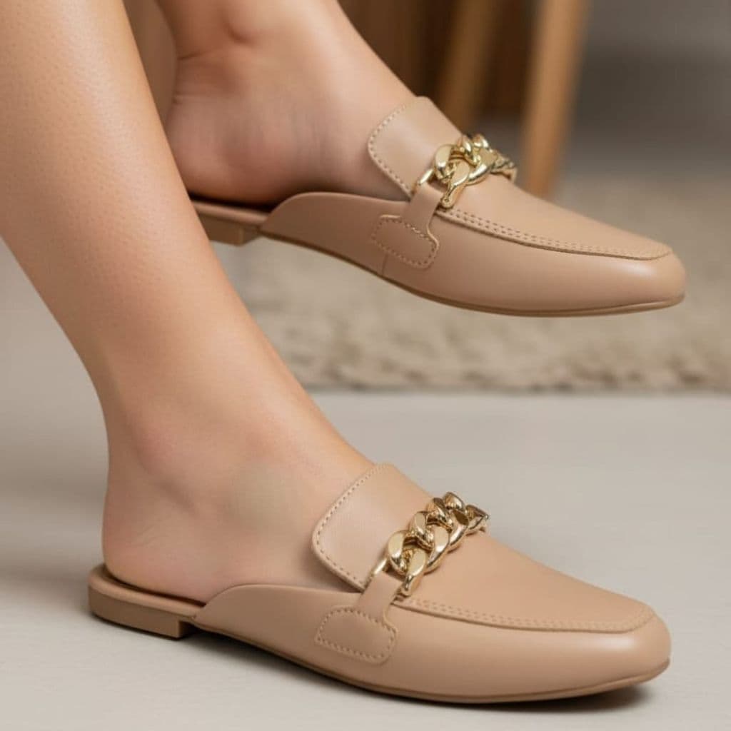 Mule Feminino Bico Quadrado Detalhe Corrente Casual Palmilha Confort Preto Nude