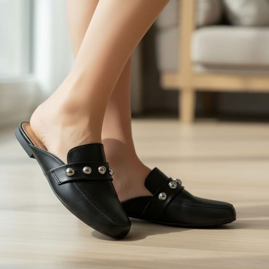 Mule Feminino Sapato Bico Quadrado Casual Com Aplicações Palmilha Macia Confort Dourado Preto Nude