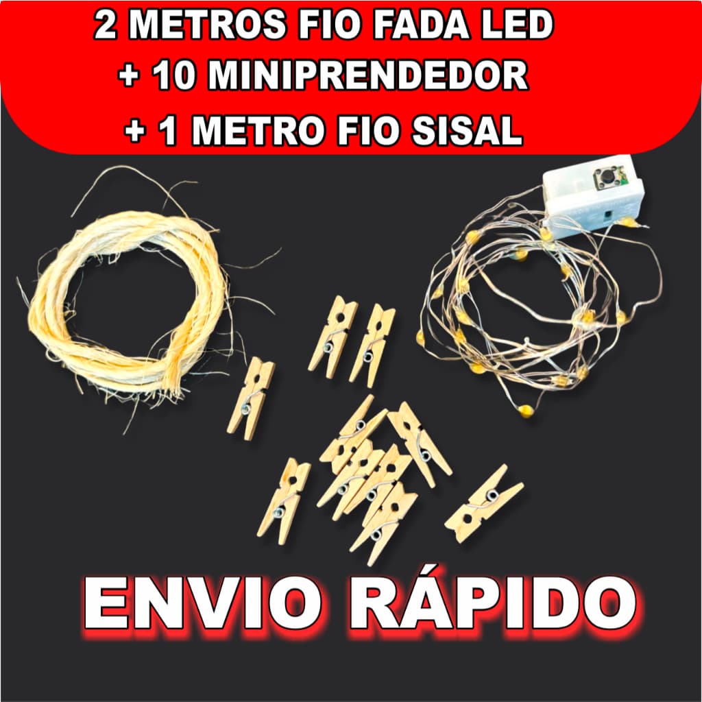 Kit Varal de Fotos: Fio de Fada Led (2m) + 10 Mini Prendedores + Fio Sisal (1m) - Pronta Entrega Dia dos Namorados