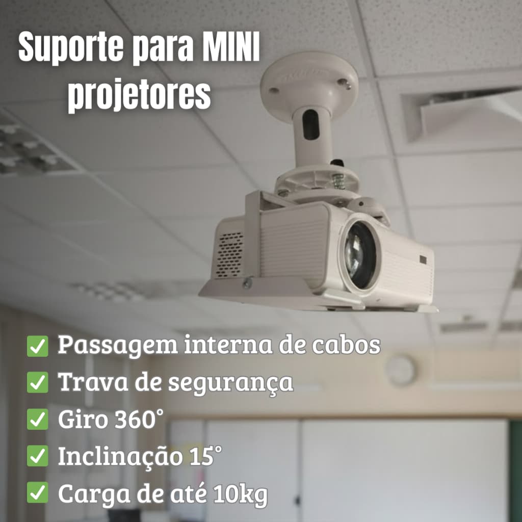 Suporte Para Mini Projetor Teto Universal Dell M110 Bandeja Rotação 360° Articulado Datashow Tubo 12cm Regulável Nf
