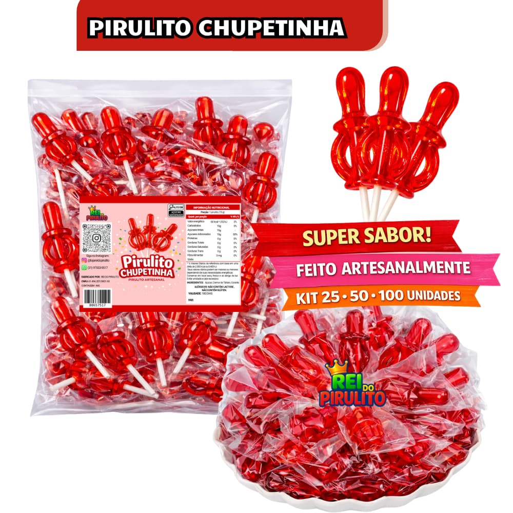 Pirulito Chupeta - Chupetinha Vermelho com 25, 50 ou 100 Unidades -  Rei do Pirulito