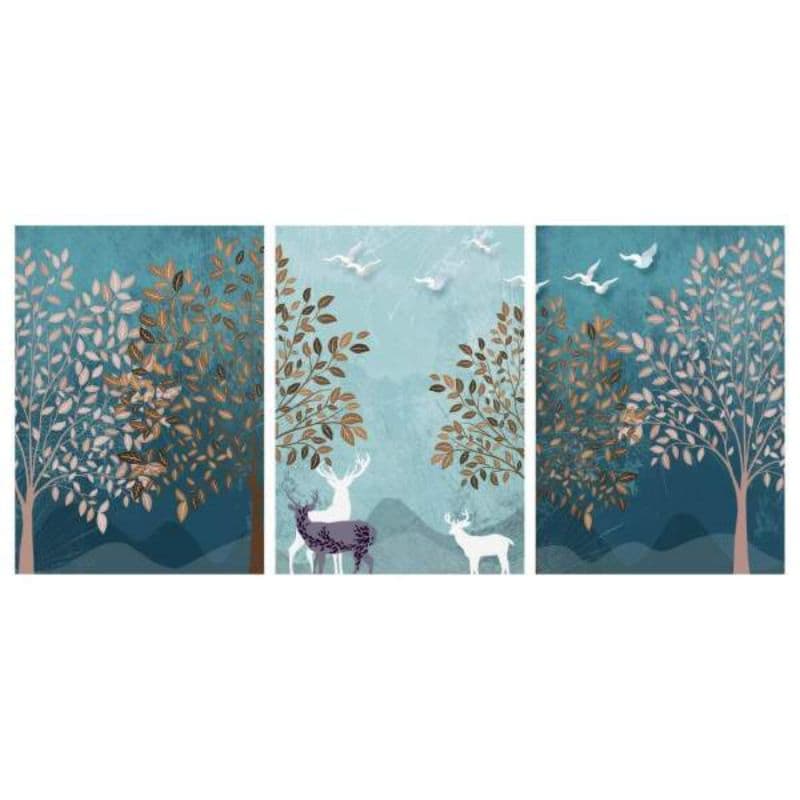 Quadro Decorativo Triptico Paisagem Cervos Azul 120x60 MDF 3MM