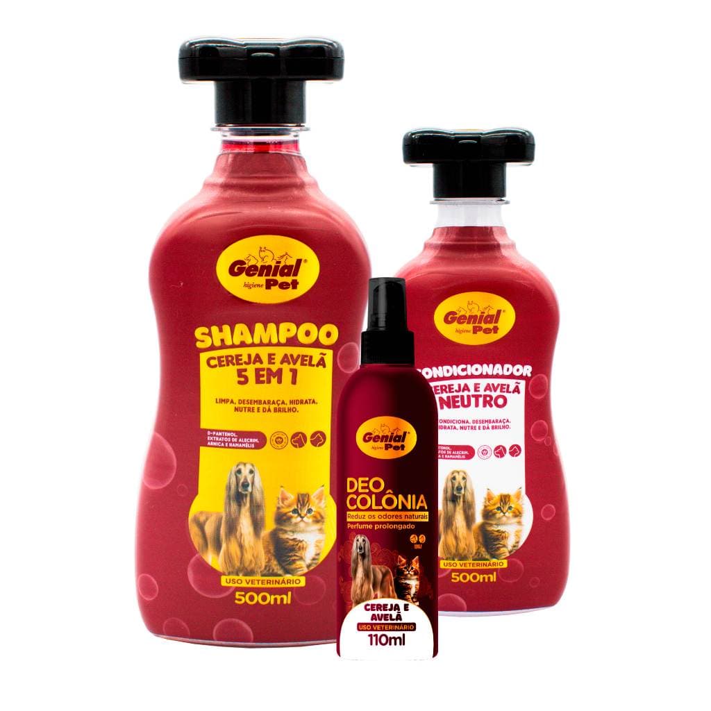 Kit Shampoo 5 em 1, Condicionador e Deo Colônia Cereja e Avelã 500ml para Cães e Gatos