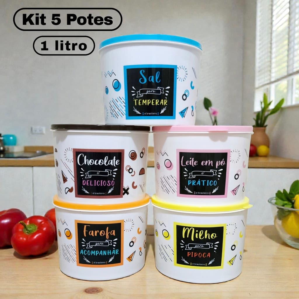 kit 5 Potes Plásticos Organizadores Porta Mantimentos 1 Litro