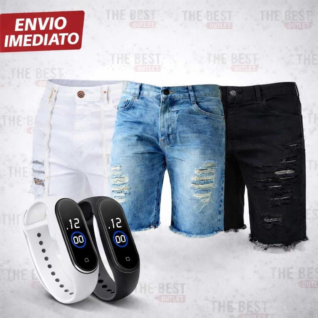 Kit Bermuda Jeans Masculina + Relógio Digital Prova d’Água Esportivo Envio Rápido