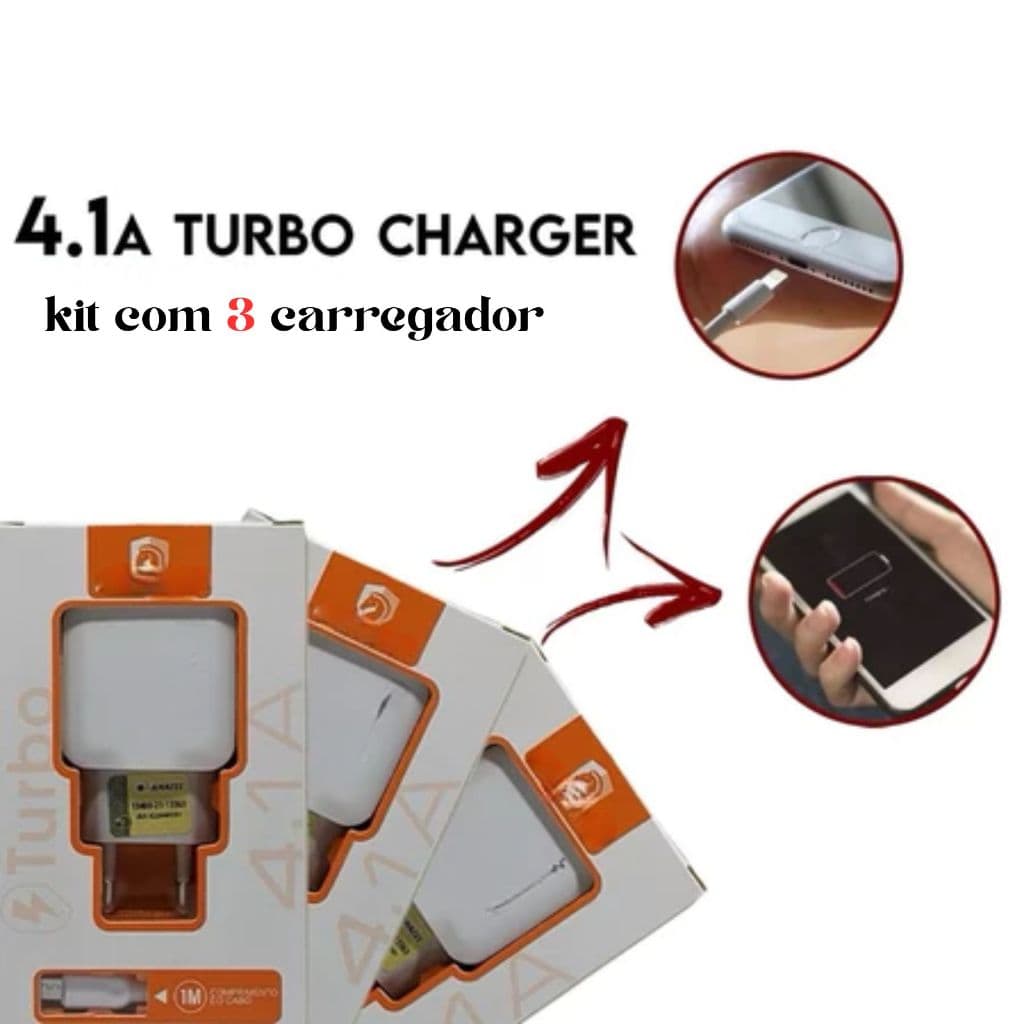 Kit Com 3 Carregador Turbo 4.1 Fonte E Cabo Reforçado (Tipo-C/V8/Lightning) Para Celular Portátil